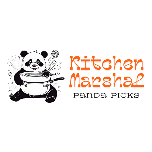 A panda with kitchen utensils on the left, on the right the website name 'Kitchen Marshal', and below the slogan 'Panda Picks'.